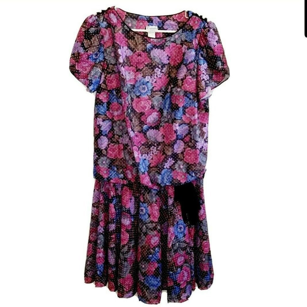 Vintage 80s Blouson Floral‎ Dress Purple Drop Waist
